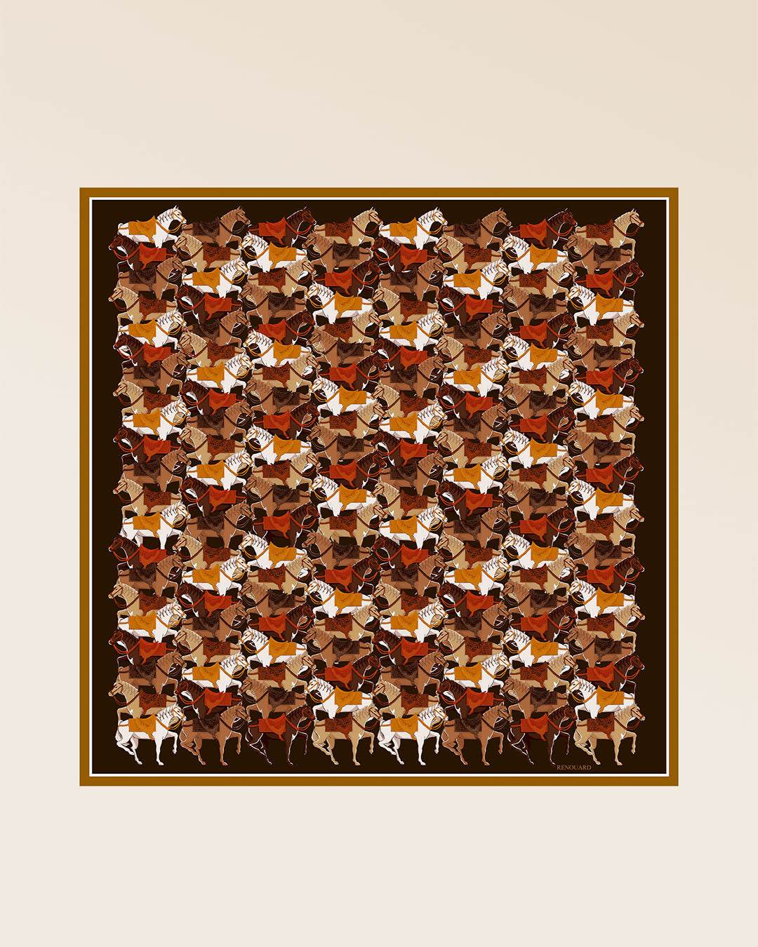 Le carré de soie Manège Renouard en coloris chocolat et orange, vu de face. 