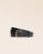 Our London belt in smooth black leather, seen from the front in the studio.
