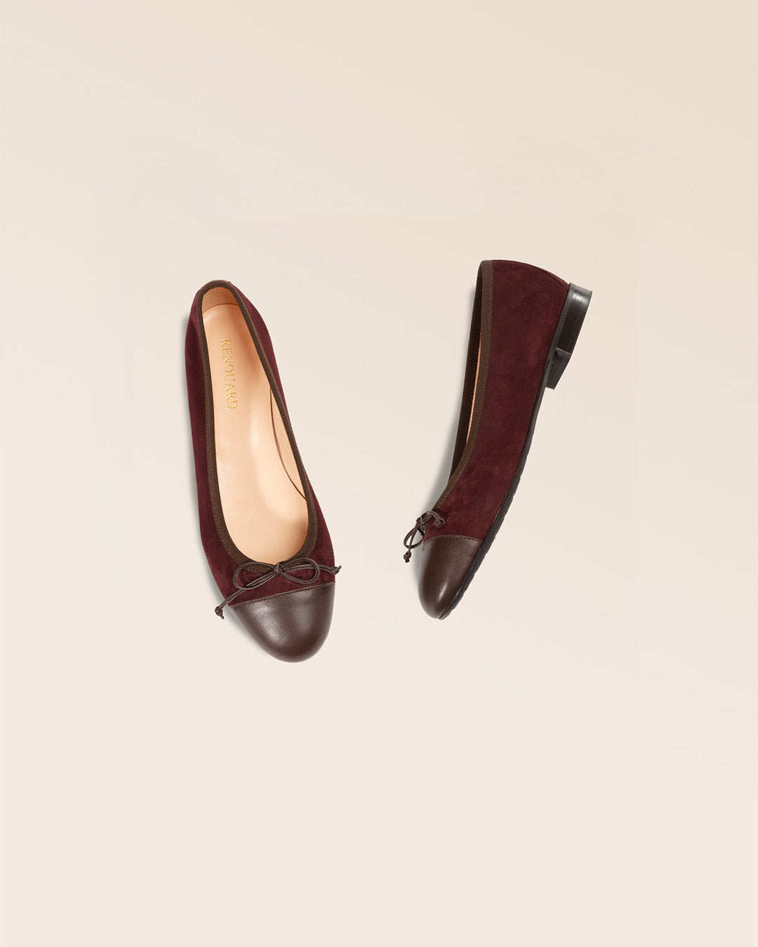 Our Friandise Renouard ballerinas in burgundy nubuck leather, seen in the studio.