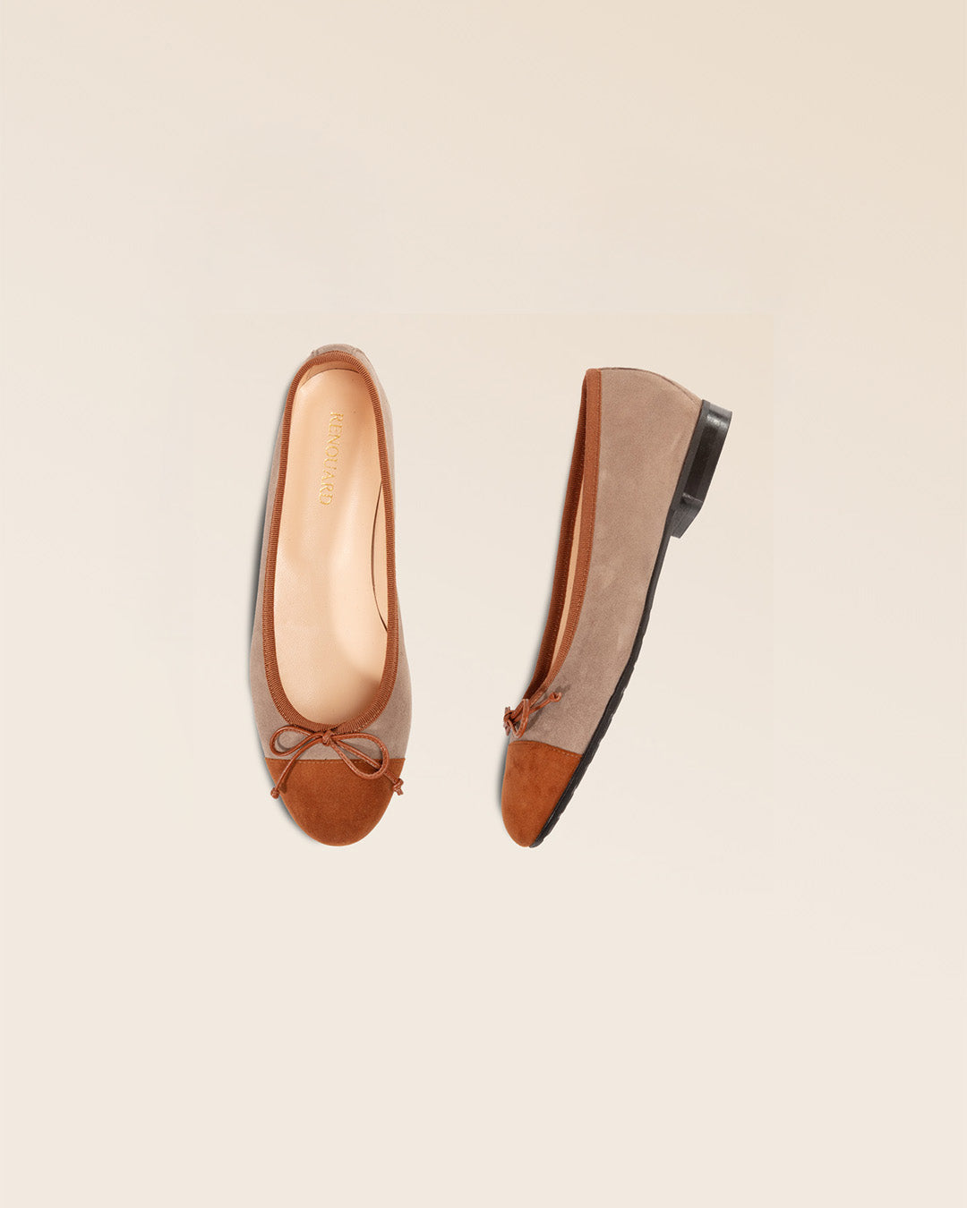 Our Friandise Renouard ballerinas in taupe and fawn nubuck leather, seen in the studio.