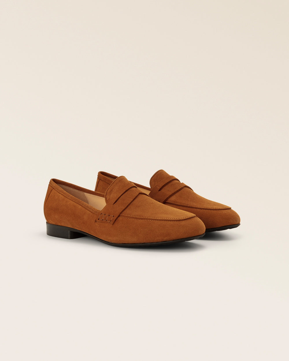 Our Paros Renouard loafers in fawn nubuck leather, seen from the side in the studio.
