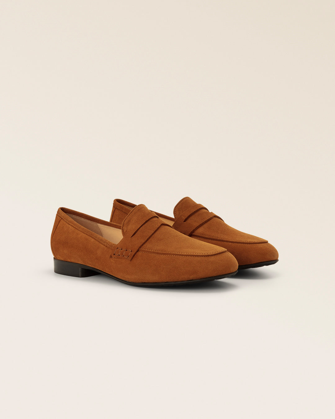 Our Paros Renouard loafers in fawn nubuck leather, seen from the side in the studio.
