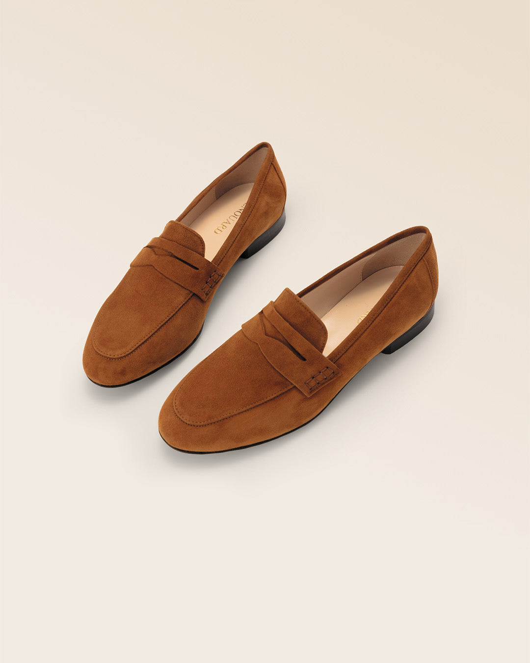 Our Paros Renouard loafers in tan nubuck leather, seen in the studio.