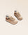 Nos sneakers Montana Renouard en cuir nubuck beige, bouclette fauve et cuir lisse chocolat, vues en studio.