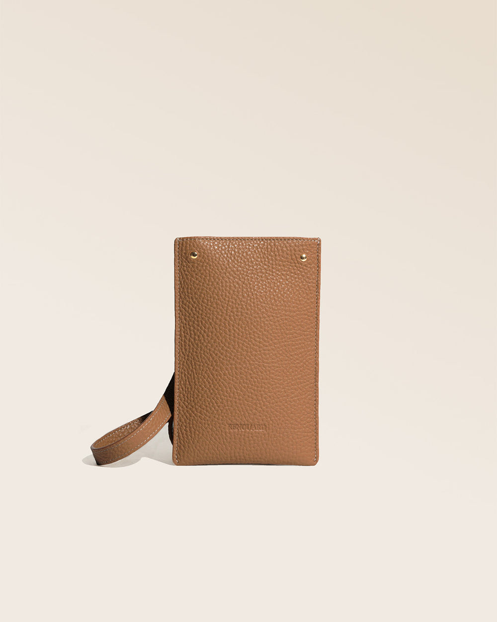Our Renouard phone pouch in fawn-colored vicuña leather, seen from the front in the studio.