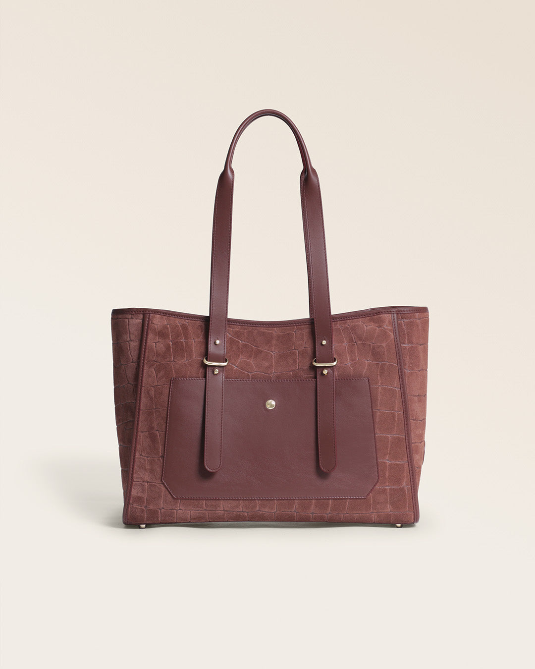 Le sac cabas Marcello Renouard en cuir veau velours façon croco acajou et cuir lisse acajou, vu de face en studio.