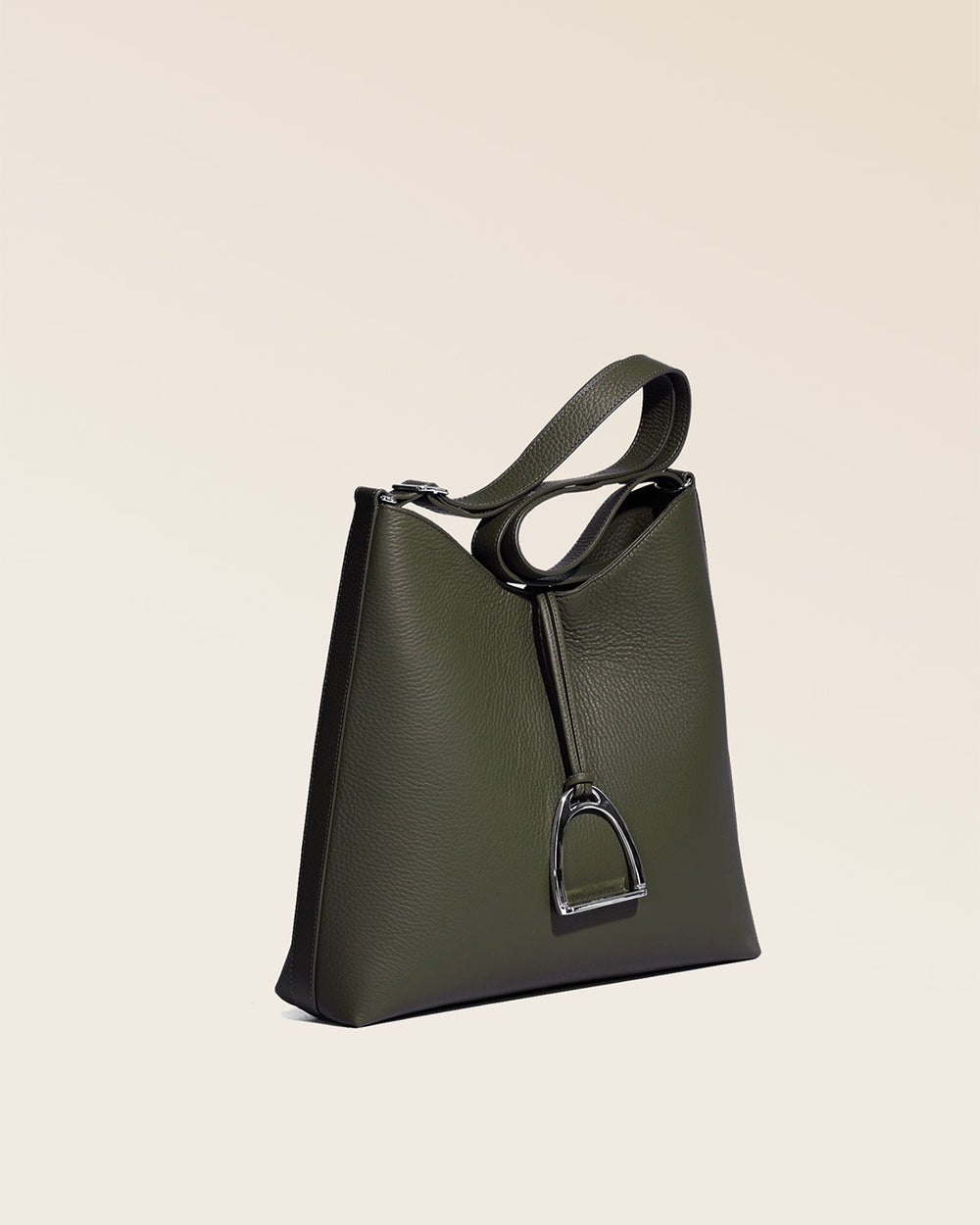 Our Cob Renouard bag, in its large version, in khaki vicuña-style leather, seen from the quarter in the studio.