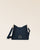 Notre sac Cob Renouard dans sa version Mini modèle, cuir façon vigogne bleu marine et bandoulière cuir ; vu de face en studio.