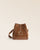 Notre sac Léandre Renouard en cuir veau velours noisette et cuir vintage camel, vu de face en studio.