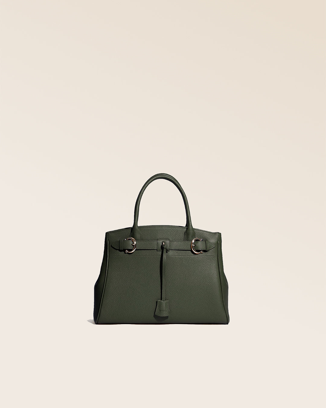 Our Prestige Renouard bag, in its Mini version, in khaki vicuña-style leather, seen from the front in the studio.