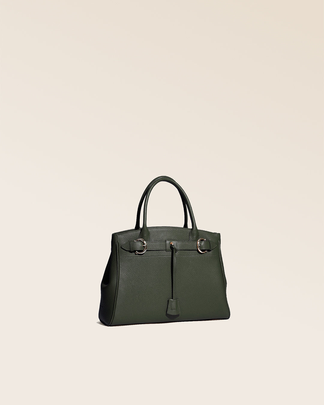 Our Prestige Renouard bag, in its Mini version, in khaki vicuña-style leather, seen from the quarter in the studio.