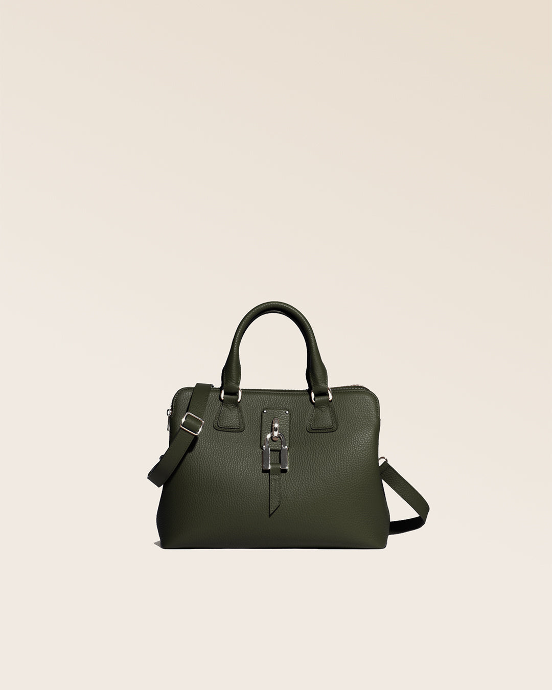 Our Renouard New-York bag, in its Mini version, in khaki vicuña-style leather, seen from the front in the studio.