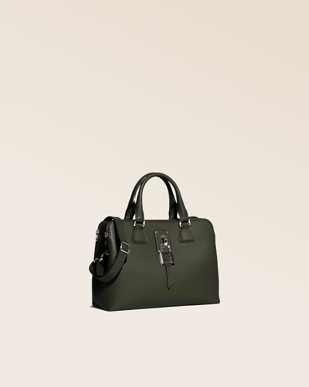 Our Renouard New-York bag, in its Mini version, in khaki vicuña-style leather, seen from the quarter in the studio.