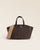 Le sac Sarah Renouard en cuir veau velours espresso et lisse ébène, avec sa bandoulière coton camel, vu de face en studio.