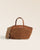 Notre sac Sarah Renouard en cuir veau velours noisette et cuir vintage camel, avec sa bandoulière coton, vu de face en studio.