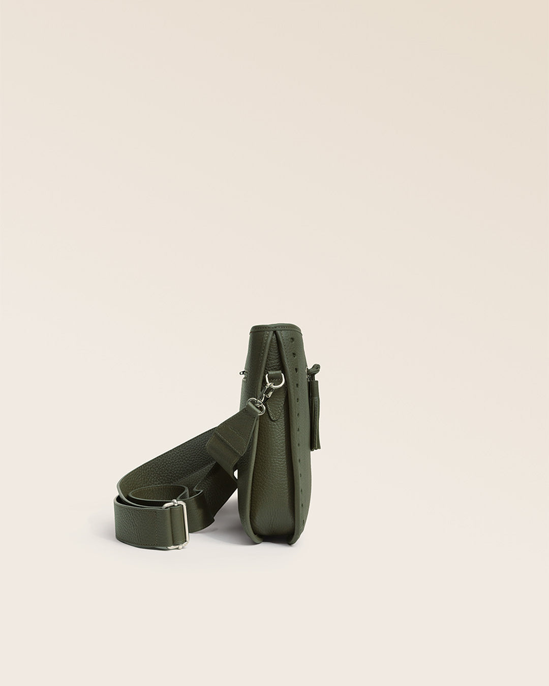Our Tilbury Renouard bag in khaki vicuña-style leather, seen from the side in the studio.