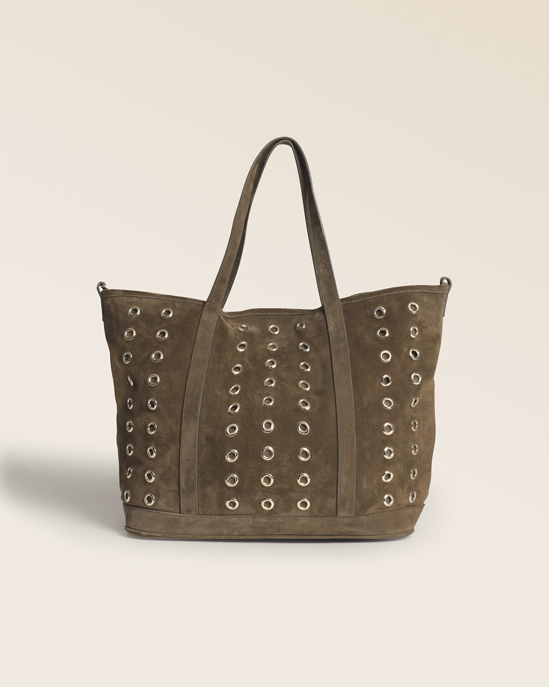 Notre sac Zanzibar Renouard en cuir veau velours truffe, vu de face en studio.